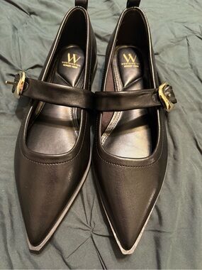 Worthington Black Pointed Mary Jane Flats with Gold Buckles